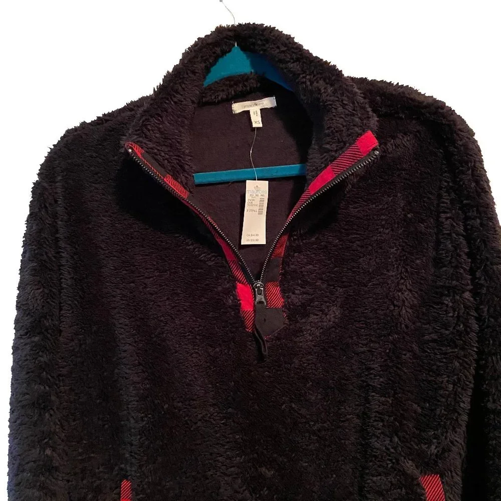 Maurices NWT Women's Black Buffalo Plaid Trim Teddy Sherpa Sweatshirt Size XS - Picture 4 of 10